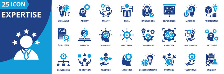 expertise icon set collection in solid glyph style. an icon pack contain skill,knowledge,mastery,ability,experience,talent,proficiency