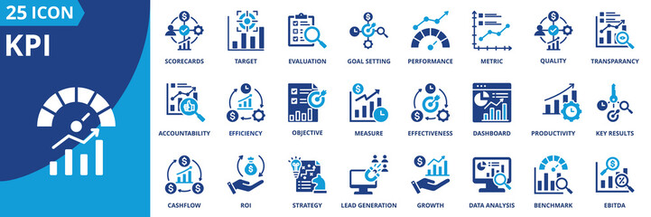 kpi icon set collection in solid glyph style. an icon pack contain scorecards,target,evaluation,goal setting,performance,metric