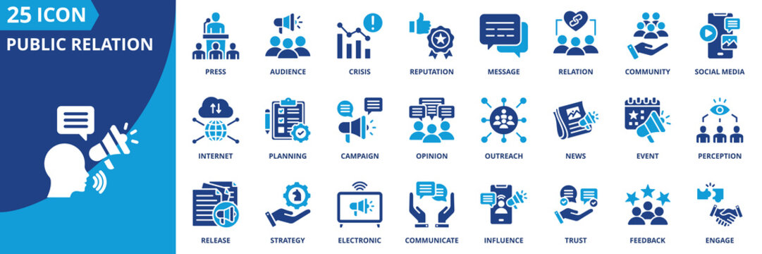 public relation icon set collection in solid glyph style. an icon pack contain press,audience,crisis,reputation,message,relation,community