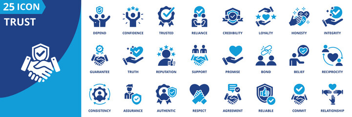 trust icon set collection in solid glyph style. an icon pack contain loyalty,honesty,reliance,credibility,integrity,confidence,depend