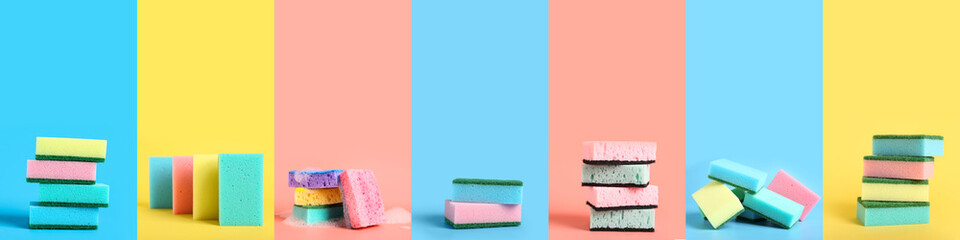 Set of many cleaning sponges on color background