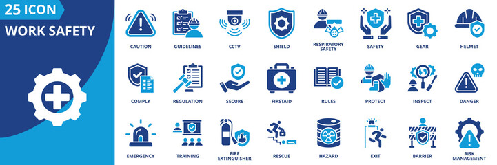 work safety icon set collection in solid glyph style. an icon pack contain safety,helmet,caution,gear,protect,firstaid,secure