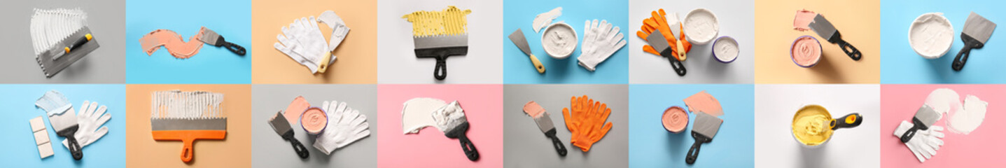 Collage of putty and building supplies on color background