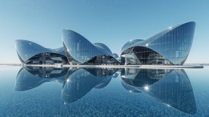 Futuristic Architecture Reflected in Calm Water, Modern Design and Serene Waterscape