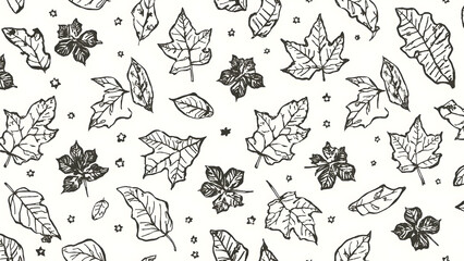 Hand-drawn autumn leaves pattern, monochrome design, seamless repeat.