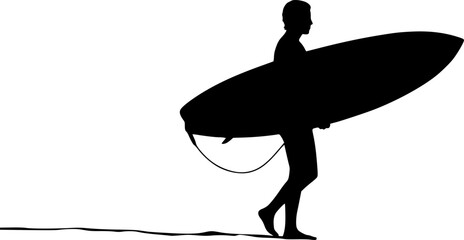 Surfboard Carry Pose A person walking on the beach carrying a surfboard under one arm. full length silhouette black vector illustration