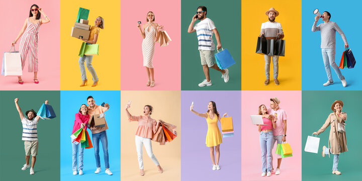 Collage of people with credit cards and shopping bags on color background