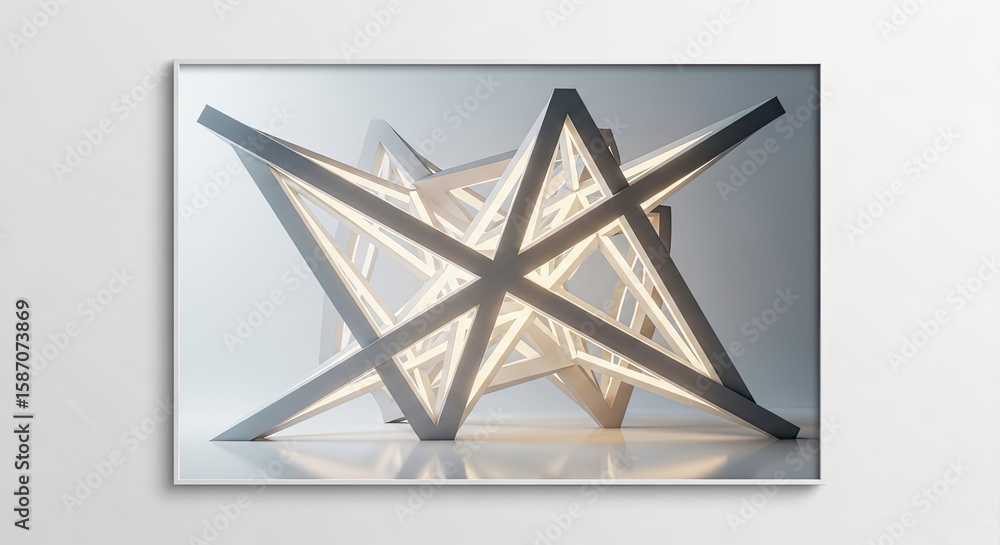 Aufkleber a framed print of an abstract geometric structure with internal lighting on a white background wall