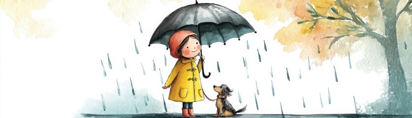 A child in a yellow raincoat holds an umbrella over a small dog in the rain, standing beneath a tree with orange leaves.