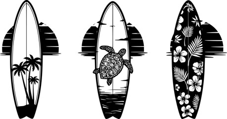 Surfboard tropical silhouette design with palm, turtle, sunset and floral elements in black and white