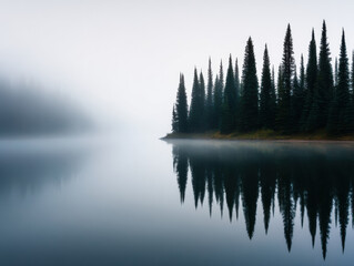 Obraz premium Misty lake reflecting tall pine trees on a foggy day, creating a serene and calm atmosphere.