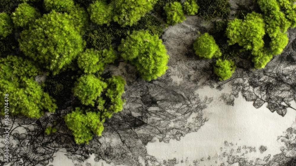 Aufkleber small clumps of vibrant green moss gradually colonize a printed surface featuring a stylized tree de