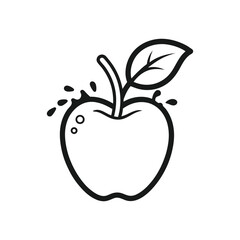 Black and white outline of a juicy apple with a leaf and water splashes isolated on white background