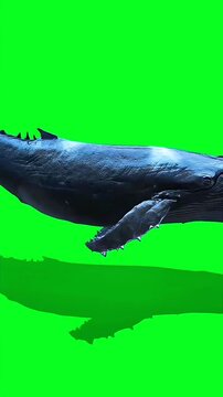 Big blue whale swimming close up green screen video, chroma key, 4k 