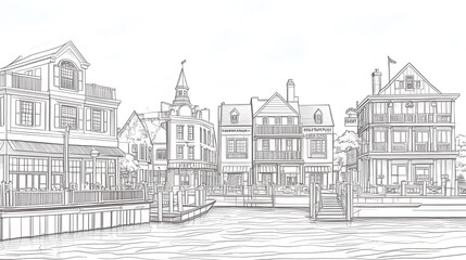 Hand-drawn illustration of charming waterfront buildings.