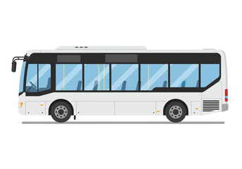 Side view of a white bus with large windows and black trim isolated on a white background