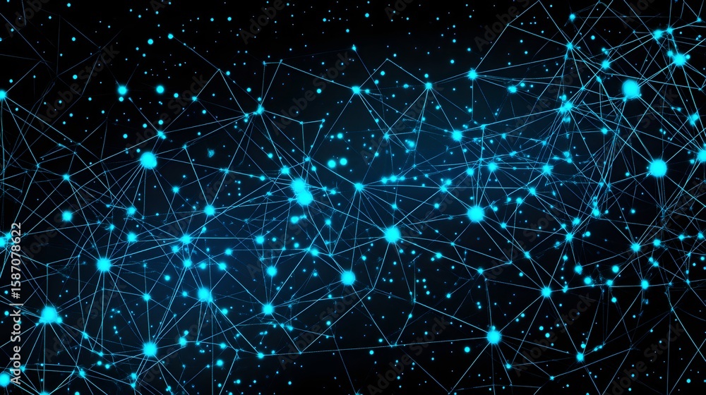 Poster network of glowing points and lines on a dark background.