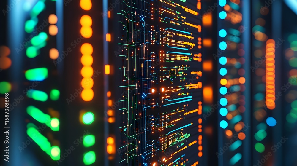 Poster close-up view of a server rack's illuminated circuits.