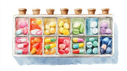 A watercolor illustration of a pill organizer with colorful capsules and tablets sorted by days of the week.