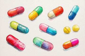 Colorful watercolor illustration of various capsules and round pills scattered on a white background.