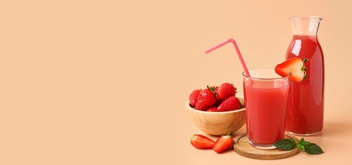 Glass and bottle of tasty strawberry juice on beige background with space for text