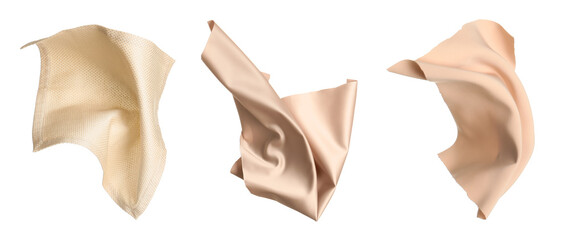 Set of flying silk fabric on white background