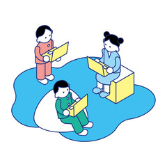 子どもの対話型学習｜協働で学ぶ教室のアイソメイラスト