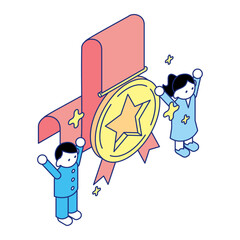 金メダルの前で喜ぶ子どもたちのアイソメトリックイラスト