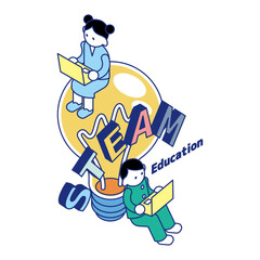 STEAMの文字と電球・歯車・ブロックで構成された教育コンセプトのアイソメイラスト