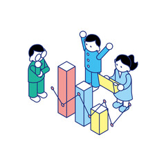 グラフを見ながら議論・分析・喜ぶ子どもたちのアイソメイラスト