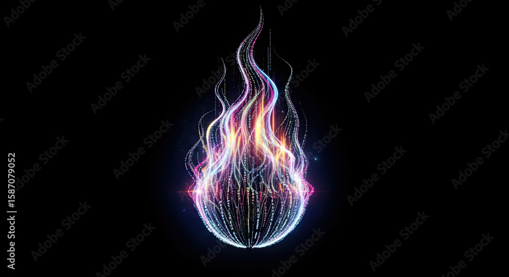 Poster abstract digital flame with colorful light trails and glowing particles on a black background design