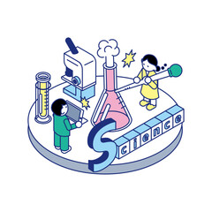 サイエンスの文字と理科実験をする子どもたちのアイソメトリックイラスト