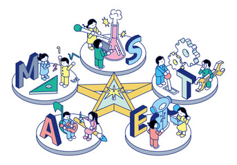 STEAM教育の5分野を表現したアイソメイラスト（科学・技術・工学・芸術・数学）