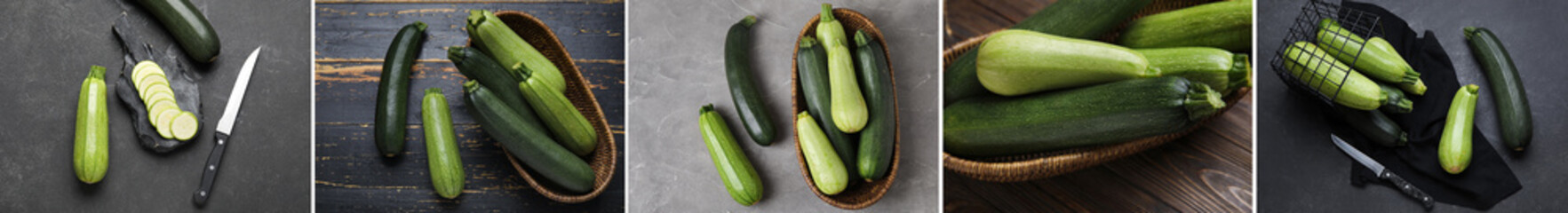 Collage of many fresh green zucchini