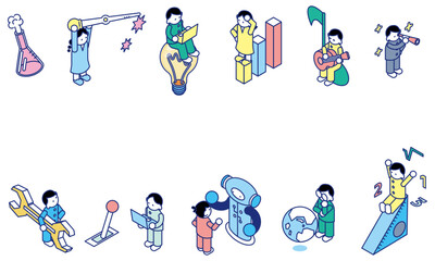 科学・技術・工学・芸術・数学に取り組む子どもたちの図解風アイソメイラスト
