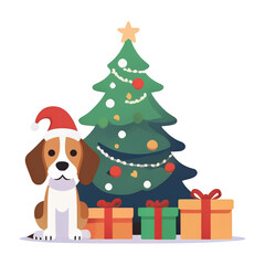Fototapeta premium ビーグルとクリスマスツリーとプレゼントのフラットデザインAIイラスト6