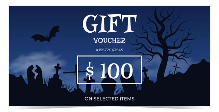 Halloween gift voucher template with grave, tree, bat flat style dark blue black background. Design for promotions, discounts, rewards and marketing materials. Vector illustration