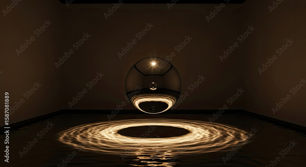 Poster a sphere reflecting light above a dark surface with circular patterns in a dimly lit room space