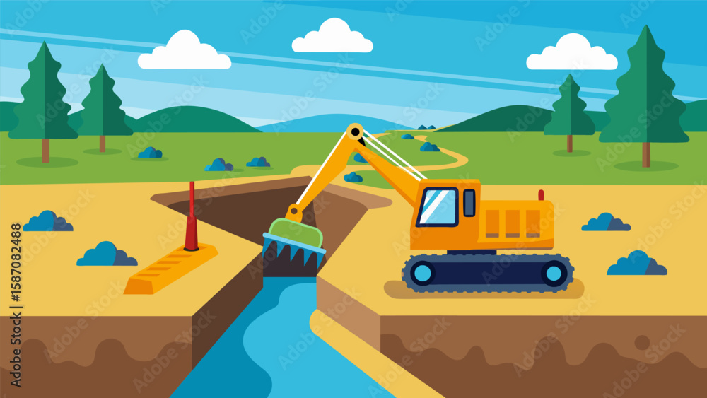 Poster heavy machinery digging trenches for drainage systems to manage runoff and prevent erosion on the si
