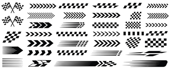 Race car stripes and racing cars vector set featuring checkered flag, finish line, dynamic lines, motocross labels, motorsport themes, racing stripe speed, and competition