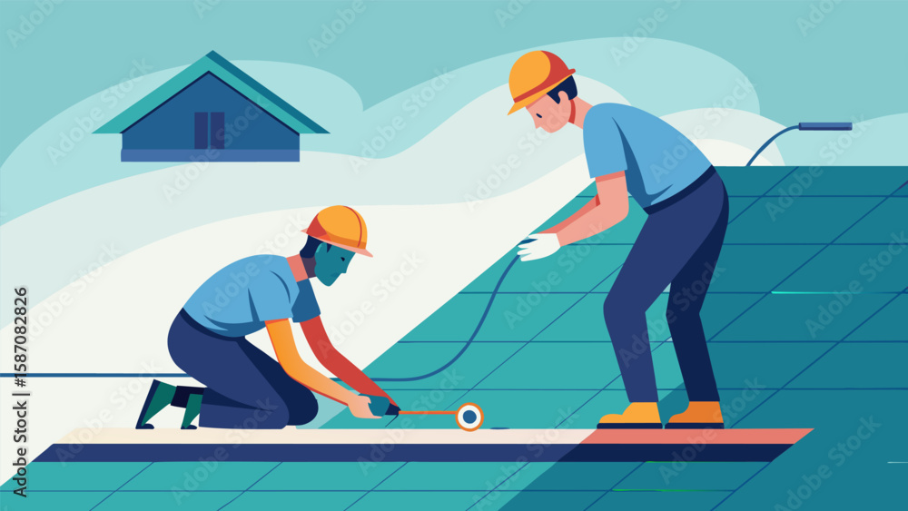 Poster one worker laying out a chalk line to ensure straight and accurate placement of the shingles while t
