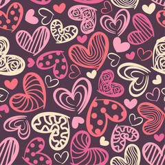 Seamless heart pattern with cute, hand-drawn style. Colorful Valentine design perfect for backgrounds, greeting cards, wrapping paper, fabric, scrapbooking, and romantic-themed projects. 