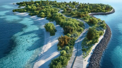 Aerial digital art of Maldives island with soft gradients, beaches, greenery, and geotextile tubes.
