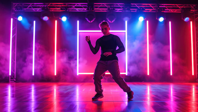 Dancer on Stage with Neon Lighting