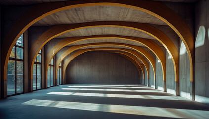 A picture of an empty concrete vaulted interior space with a few wooden beams, where warm sunlight casts long dramatic shadows across the floor,