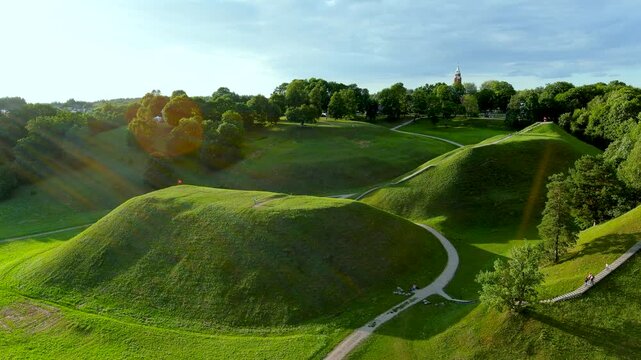 Aerial view of Kernave Archaeological site, a medieval capital of the Grand Duchy of Lithuania, UNESCO World Heritage Site. Reconstructed medieval village. Annual Festival of Experimental Archaeology.