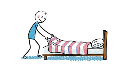 Stick Figure Making Bed Illustration of a simple character straightening sheets on a mattress with a pillow.