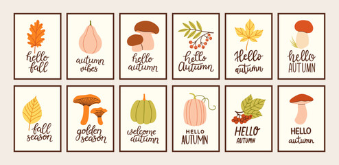 Autumn simple poster big set. Fall flyer doodle collection. Vectical banner autumn elements. Autumn interior design poster, end of season promo template. Vector illustration.