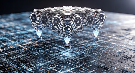 A futuristic hexagonal structure floating above a detailed circuit board like surface in a dark setting