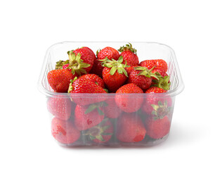 Plastic container with fresh strawberry on white background
